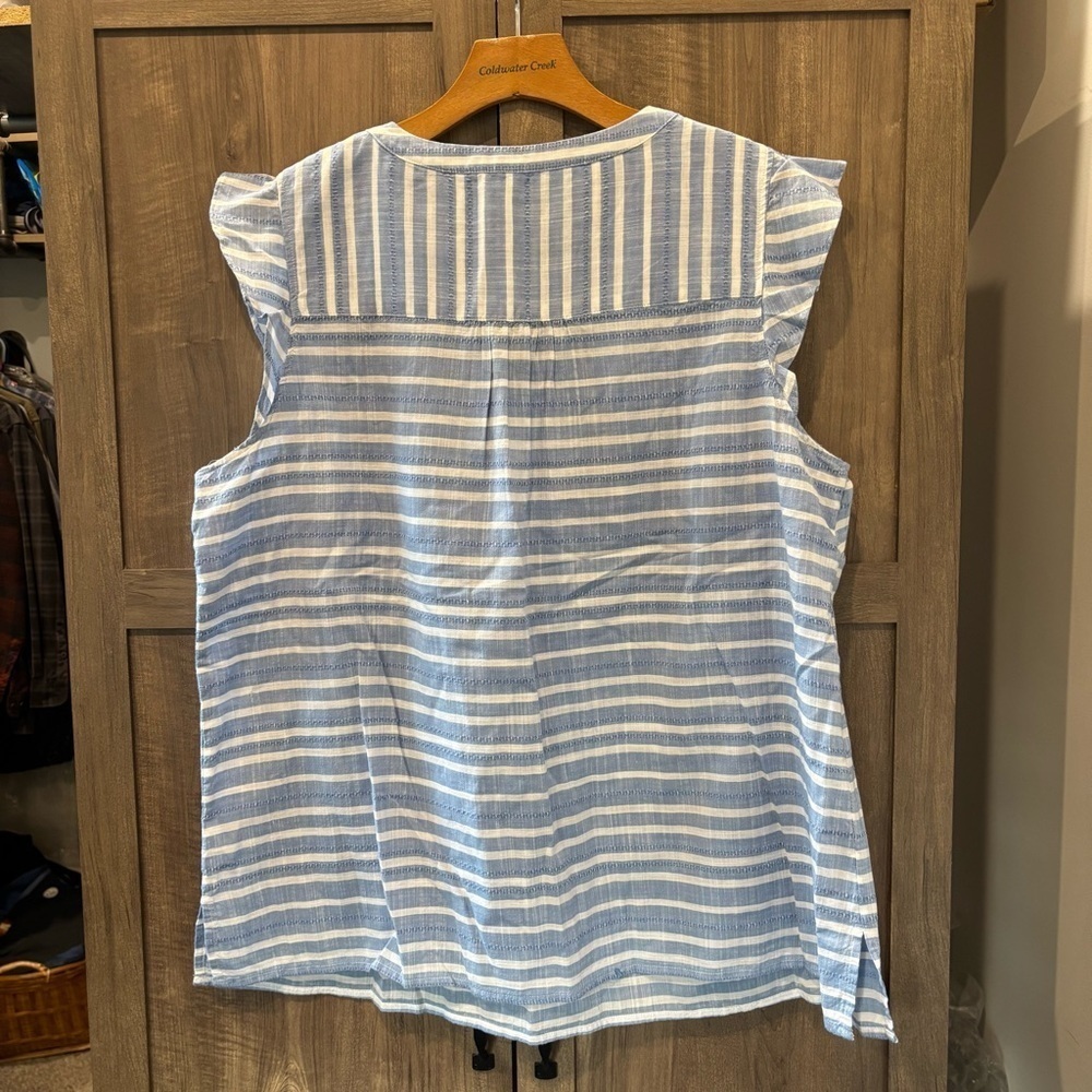 NWOT Talbots Plus 2X Shell Top Ruffle Trim Sleeveless Blouse Blue White Stiped - Picture 3 of 11